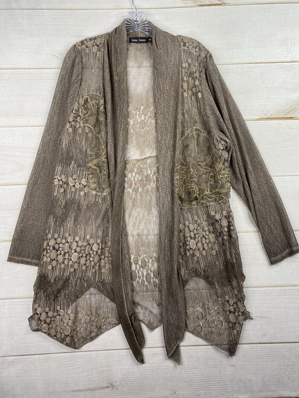 Casual Express Cardigan Womens XXL Brown Sheer Mesh Embroidered Boho Artsy Vtg